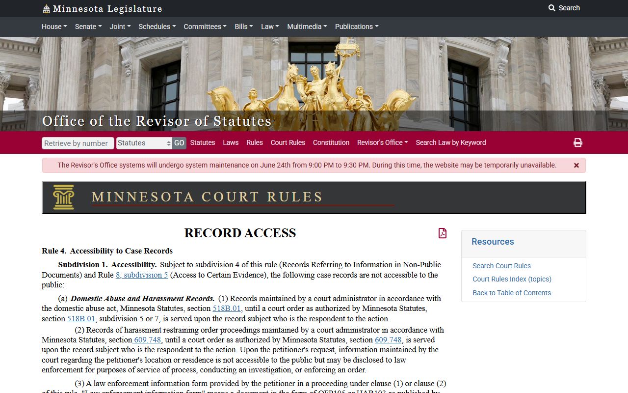 Le Sueur County court dockets Minnesota public access rule