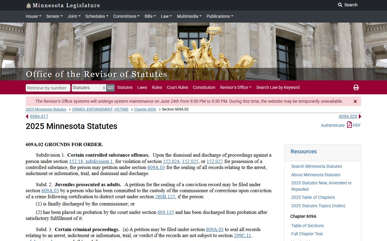 Le Sueur County criminal court records Minnesota expungement eligibility statute