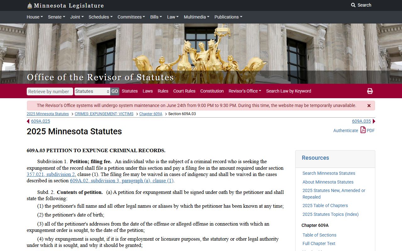Le Sueur County criminal court records Minnesota expungement petition statute