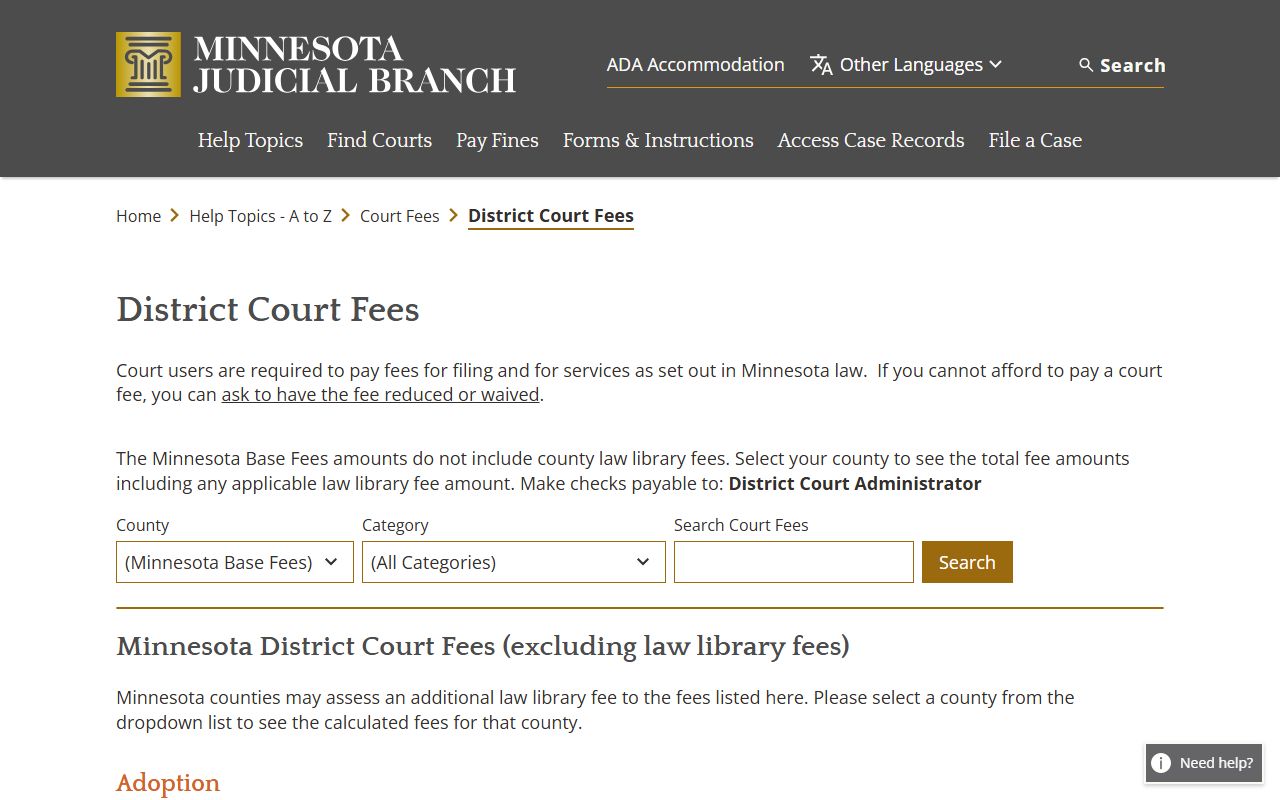 Le Sueur County District Court fee search tool