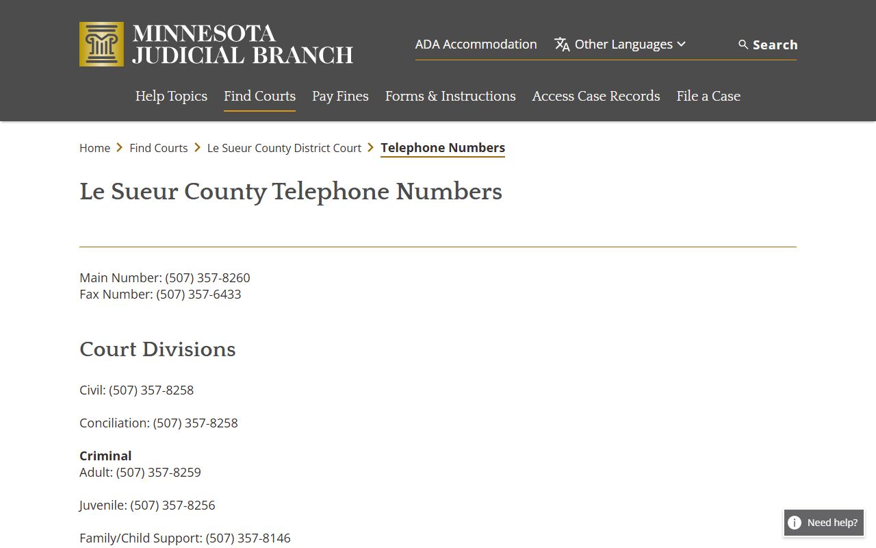 Le Sueur County District Court division phone directory