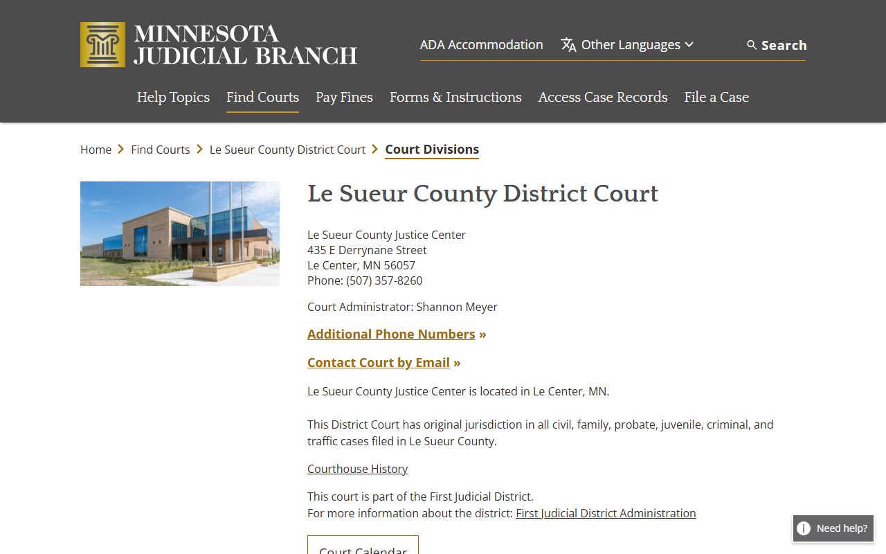 Le Sueur County District Court divisions page