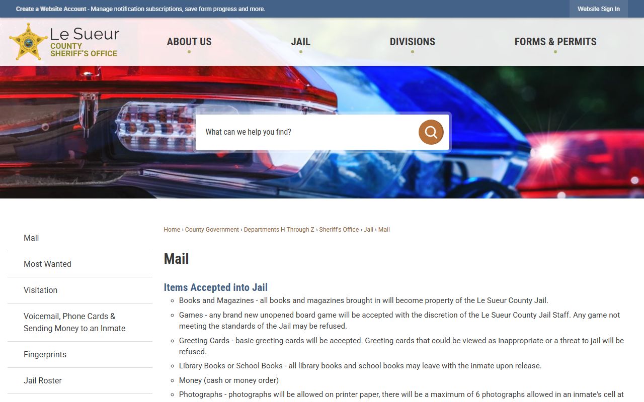 Le Sueur County inmate records jail mail rules