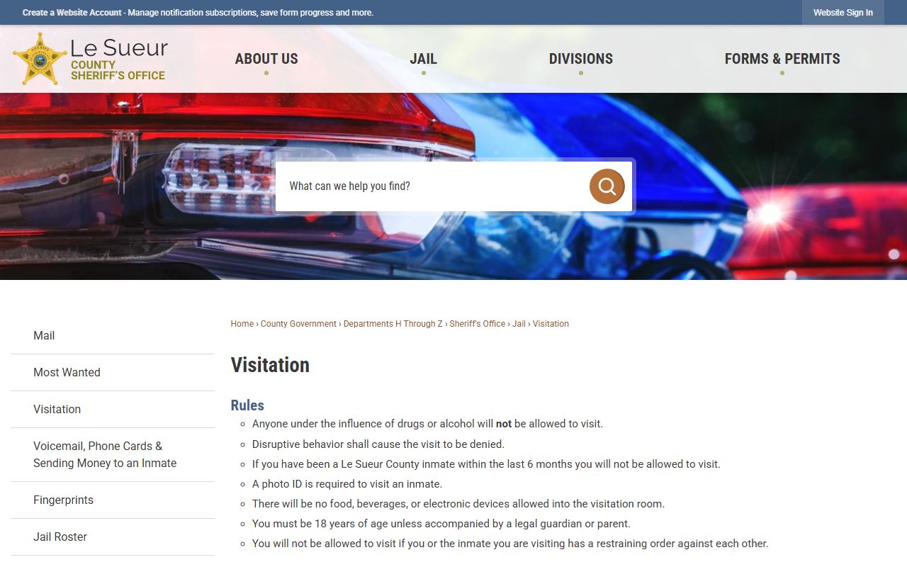 Le Sueur County inmate records visitation schedule