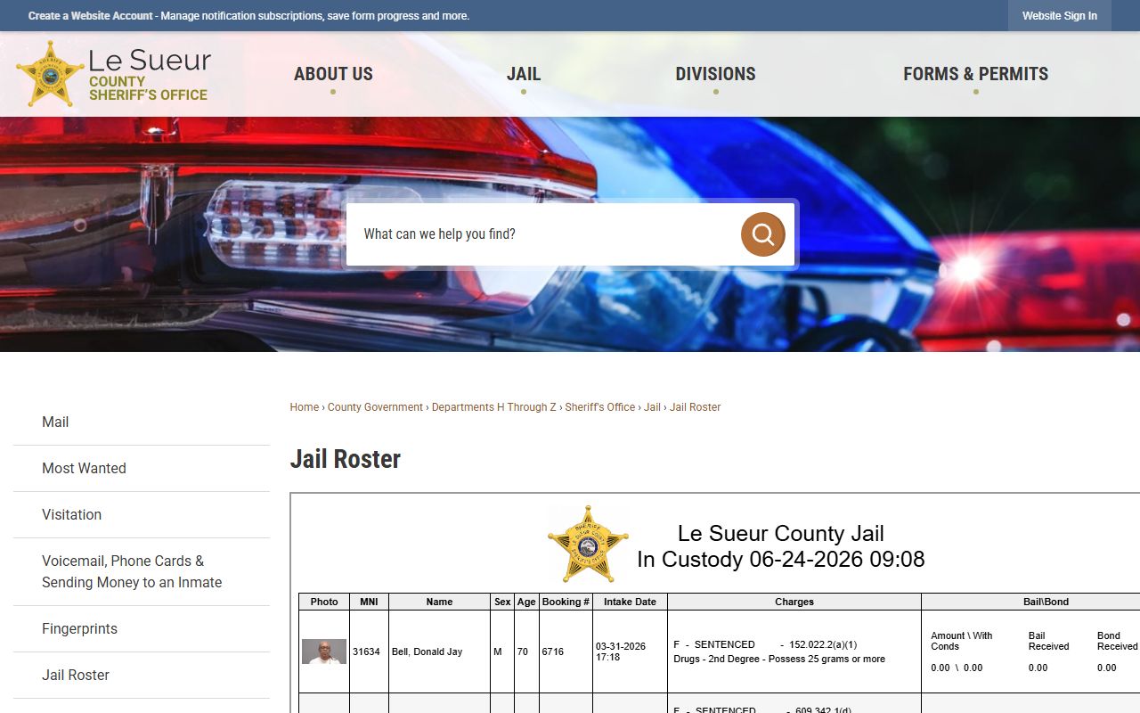 Le Sueur County inmate records jail roster page