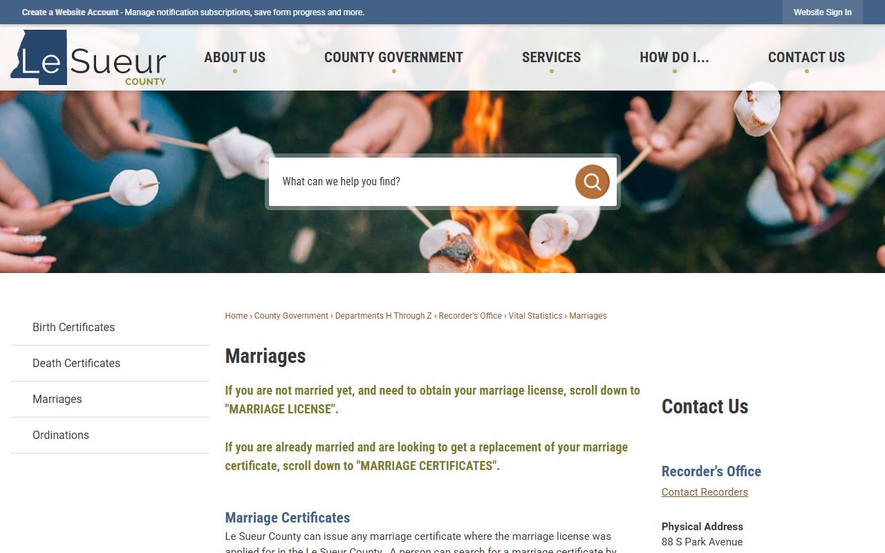 Le Sueur County marriage divorce records marriage license and certificate page