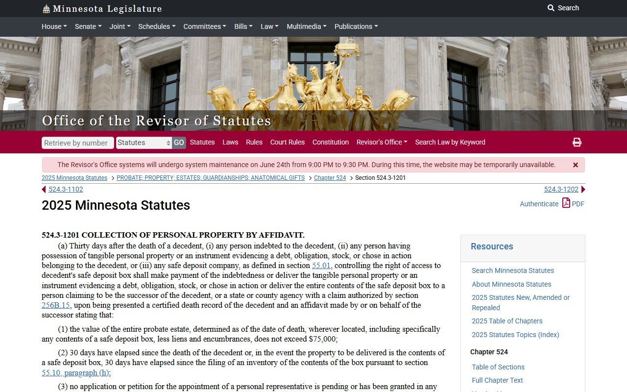 Le Sueur County probate records Minnesota small estate statute