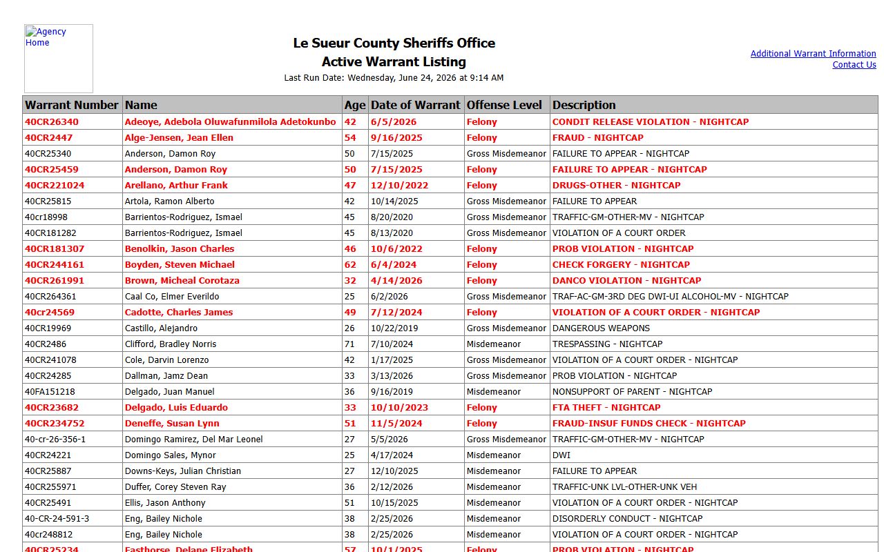 Le Sueur County warrant search active warrant listing