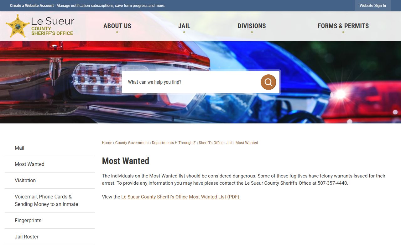 Le Sueur County warrant search sheriff most wanted page